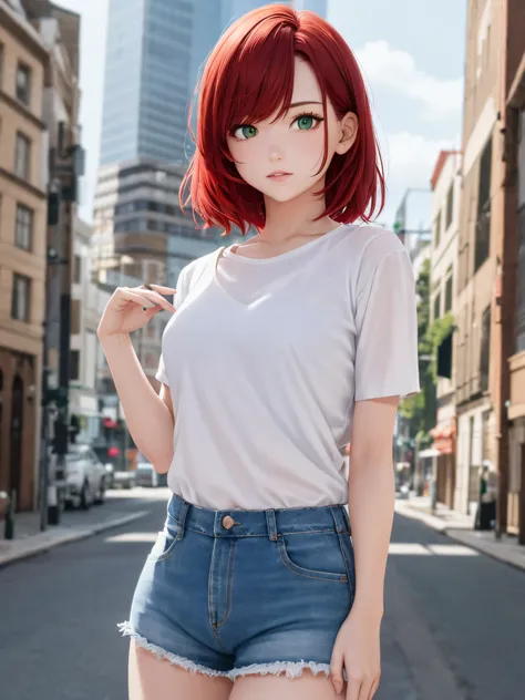 1girl, short red hair, green eyes, wearing plain white shirt, denim shorts, city, 
absurdres, high res, ultrasharp, 8K, masterpiece, looking at viewer