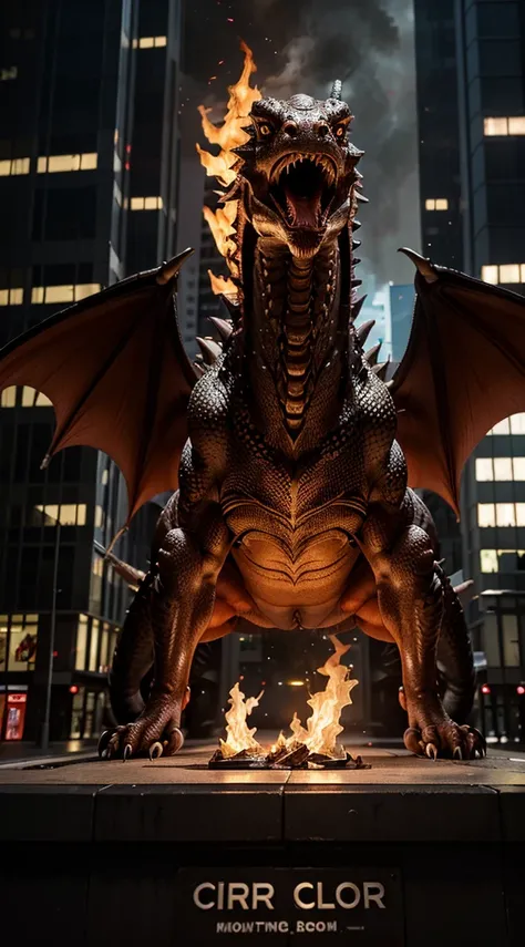 Creates a huge, furious full-body Dragon breathing fire from its mouth, burning a letter "PBCh" located in front of a skyscraper. hiper realistic ambient