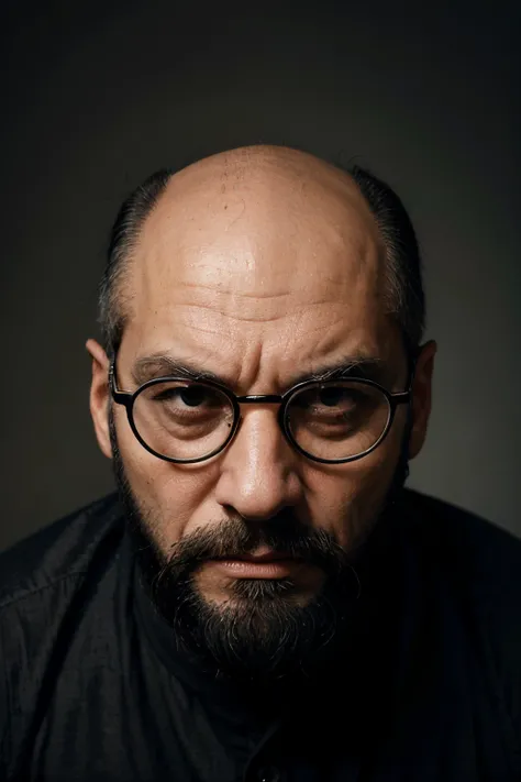 70 years old bald man, black full beard, large glasses with deep lens, hook nose, very slim man, inverted triangule shape face, preserved hair arround the head, deep sad eyes, angry expression, black hair, Conceptual art, Pixar