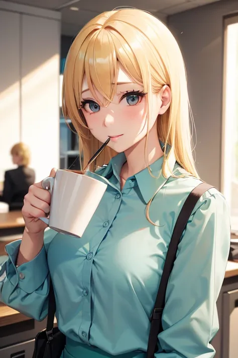 A blond haired office female worker with teal  eyes is pouring coffee in the office