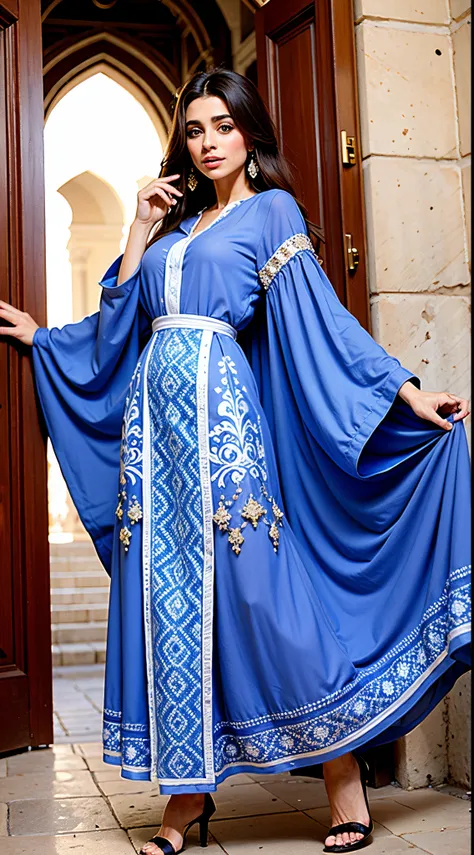 Très belle princesse européenne beauté aux cheveux longs super détaillée tenue dynamique caftan marocain portrait zoom