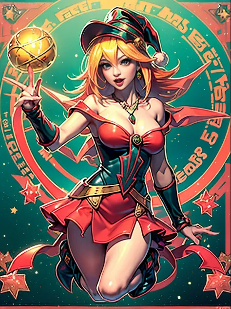 Dark magician gils con vestido rojo,((see through)), extremadamente detallado, rubio,(((Mini falda diminuta))), ((skirt lift)),(((tanga visible))),Sonriendo, ojos azules, realista, tacones rojos, (((Navidad))), escote, ((christmas tree, Regalos)), cabello ...