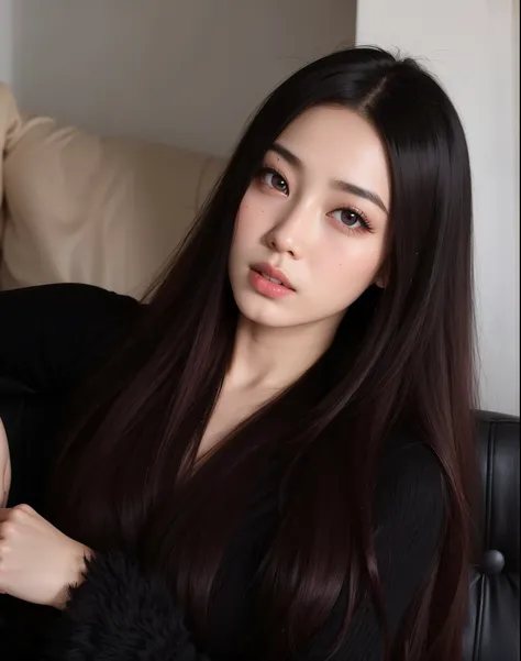 Araffe woman with long black hair sitting on a couch, Asian girl with long hair, cruel korean goth girl, linda mulher coreana jovem, com cabelos longos e olhos penetrantes, menina coreana, Mulher sul-coreana bonita, Ulzzang, mulher coreana jovem bonita, di...