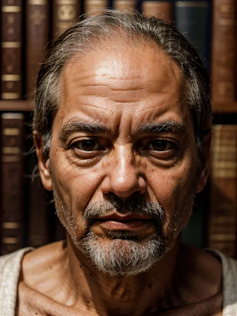 Socrates Philosopher,,in greek library ,alive, hyperrealism,8K UHD,photorealistic,shot with sony a7iii, detailed face, detailed skin texture ,detailed eye,sdxl v2