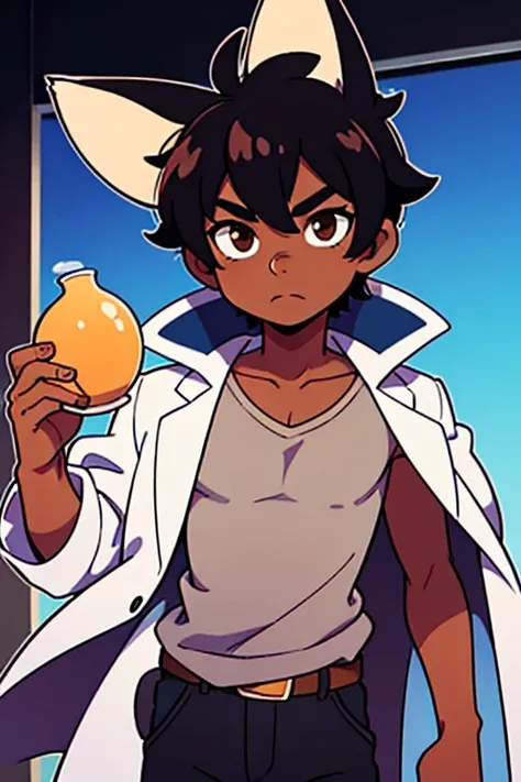 dark skin, black hair, brown eyes, young boy, fox ears, lab coat, goggles