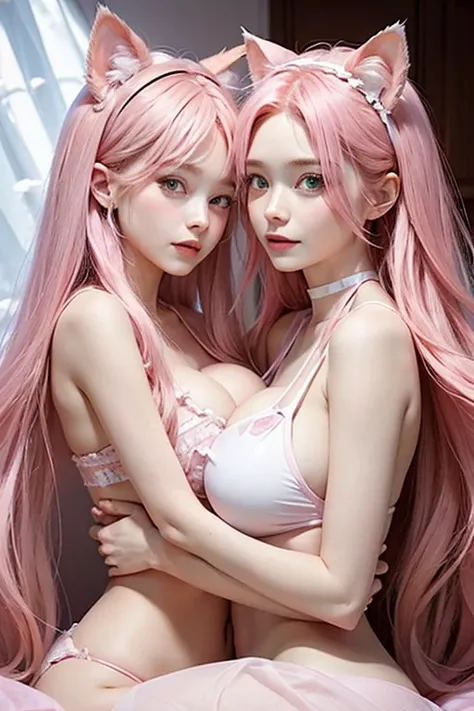 in bed, 17 year old woman, long pink hair with cat ears, big breasts, pink bikini, with your newborn baby,long pink hair, her little baby 1 year, photo depicting moment of love between mother and newborn baby