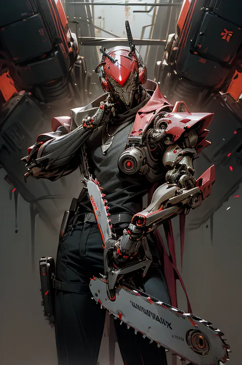 Dark_Fantasy, cyberpunk, (chainsaw, chainsaw man, red: 1.1), 1man, mechanical marvel, robotic presence, cybernetic guardian,masterpiece