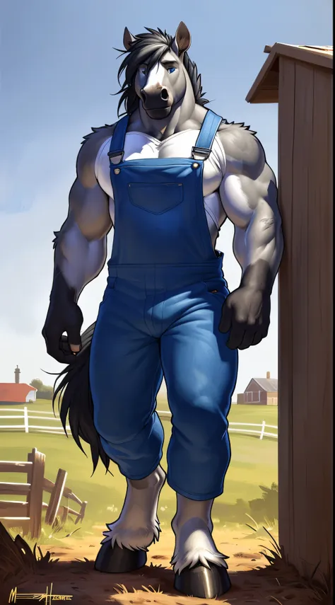 front view, (modern):1.8 full height, anthro (horse), male, equine, adult, solo, muscular:1.2, thick:1.4 build, tall, ((blue:1 f...