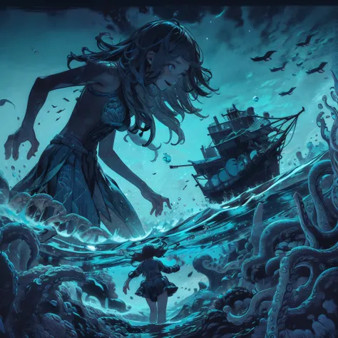 ocean. giant girl. attack from below the surface. girl attacking a ship. tentacles on the ocean floor. swim. uma style.