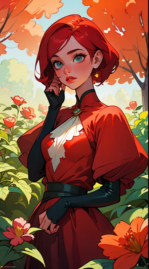 A girl with red hair, vibrant red dress, and mesmerizing red lips, detailed eyes, and long eyelashes. [Artistic illustration] to create a masterpiece:1.2, with ultra-detailed description, realistic:1.37. The scene depicts the girl in a garden under studio ...