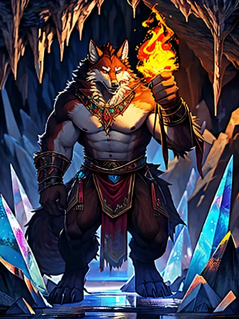 (ultra-detailed,realistic:1.37),on a crystal cave, a muscular red wolf, a fire magician