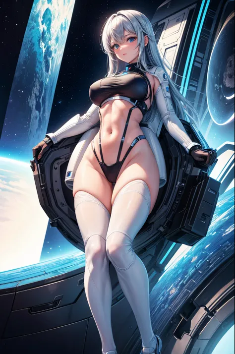 1girl,solo,best quality, masterpiece, 8k,raw photo, Year 2510, a Futuristic Sexy Space Woman wearing tight fitting bikini style space suit, stands at her giant view screen exploring space.