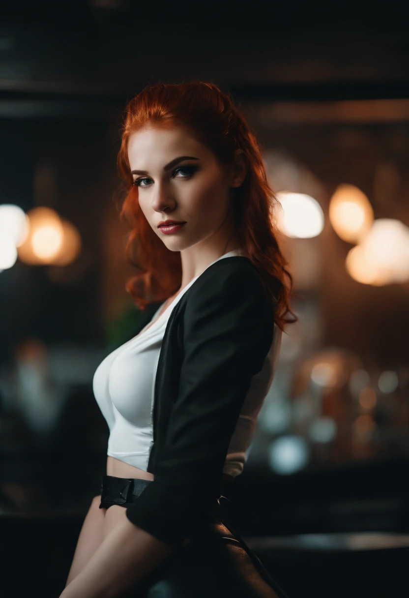 20 years old teen in office, aroused look, red hair, pony tail, busty, huge breasts, cleveage, cyberpunk theme, unbuttoned white blouse, short black skirt, black jacket, neon lights