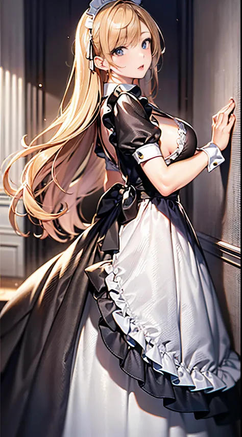 ​masterpiece、top-quality、hight resolution、extremely detailed photo、profetional lighting、A sexy maid、doress、Lori in a dress、gorgeous maid、maid clothes、maid dress、Maid in uniform、Girl in maid clothes、Black ruffled dress、((a blond))、fullllbody、