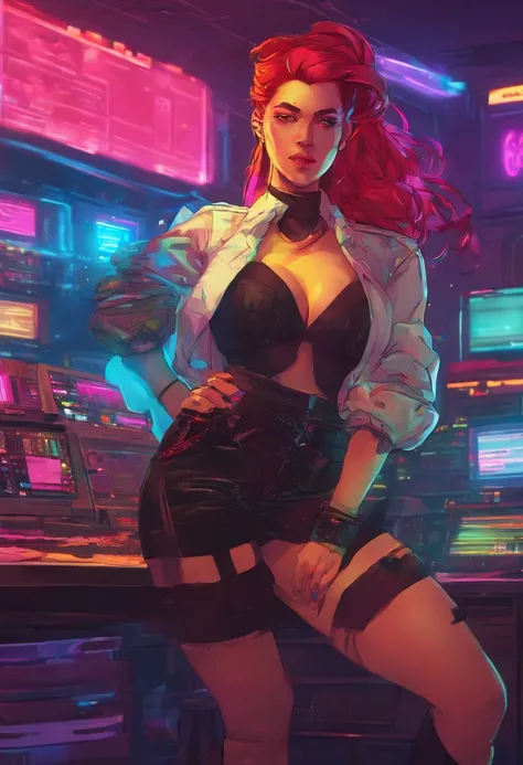 20 years old teen in office, aroused look, red hair, pony tail, busty, huge breasts, cleveage, cyberpunk theme, unbuttoned white blouse, short black skirt, black jacket, neon lights