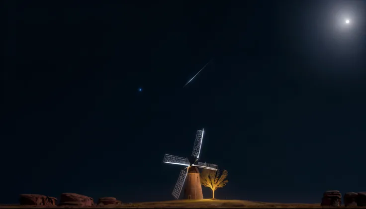 cowboy stands in the moonlight, night scene of a windmill in a rocky landscape with a starry sky, Night foreground, Starry sky in the background, cinematic widescreen shot, scene from the wild west, absurdres, high res, ultrasharp, 8K, masterpiece