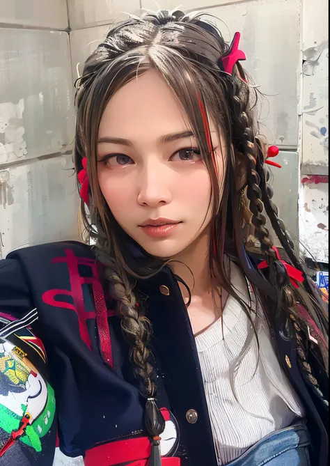 arafed asian girl with long hair and red bows in a jacket, ayami koj ima, 奈良美智, chiho, yukii morita, takeyuki kanda, pigtails hairstyle, portrait of jossi of blackpink, shiori teshirogi, twintails hairstyle, shikamimi