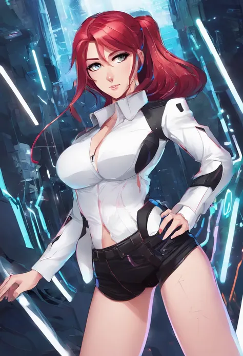 20 years old teen in office, aroused look, red hair, pony tail, busty, huge breasts, cleveage, cyberpunk theme, unbuttoned white blouse, short black skirt, black jacket, neon lights