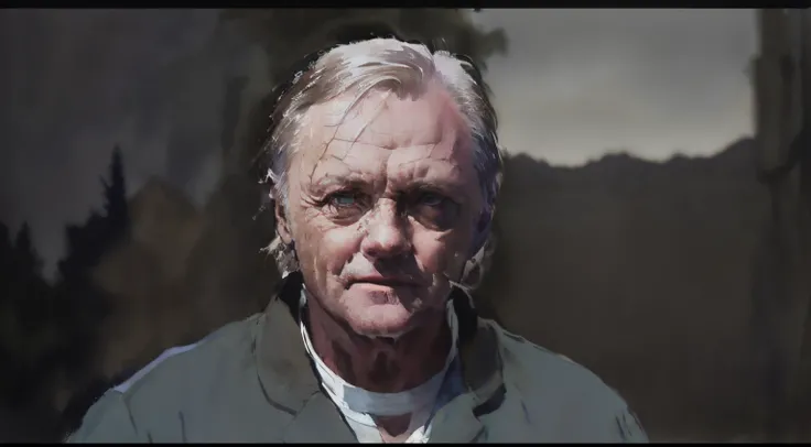 Anthony Hopkins as Hannibal Lecter in blue shirt smiling in front of a stone wall, hannibal lecter, hannibal lector, movie scene close up, movie screencap, close - ip shot, close, movie screen shot, close scene, close-up!!!!!!, from a movie scene, close-up...