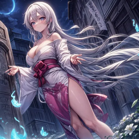 Masterpiece, 1girl,solo,huge breasts, ghost costume , (hitodama) ,night, tombstone, graveyard,,, long sleeves, very long sleeves, , ghost, pale skin,, off shoulder, cleavage, no bra, (((extremely long white hair))), standing by tombstone, bare legs, shredd...