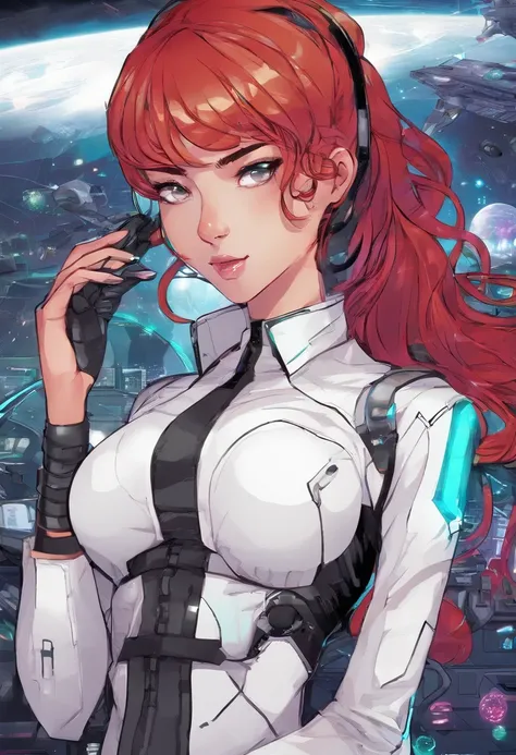 20 years old teen in office, aroused look, red hair, pony tail, busty, huge breasts, cleveage, cyberpunk theme, unbuttoned white blouse, short black skirt, black jacket, neon lights