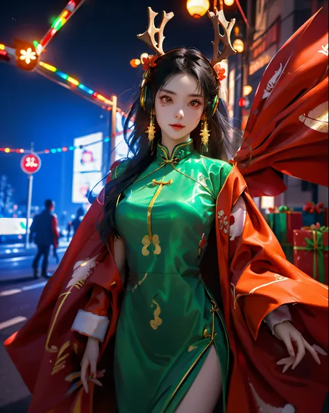 1 girls, Chinese_clothes, metallic titanium and red, cyberhan clothing, chinese cheongsam, chinese elements, lanterns, cyberpunk city, dynamic pose, detailed luminous headphones, glowing hair accessories, long hair, glowing earrings, glowing necklace, cybe...