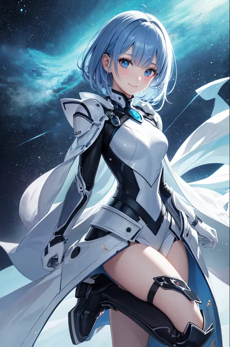 ultra-detailliert、anime illustrated、2D Beautiful Girl、top-quality、Top image quality、​masterpiece、超A high resolution、android beautiful girl、sixteen years old,Glowing white cyber suit, Blue energy source for the chest、Blue shiny hair、short-haired,Blue eyes、A...