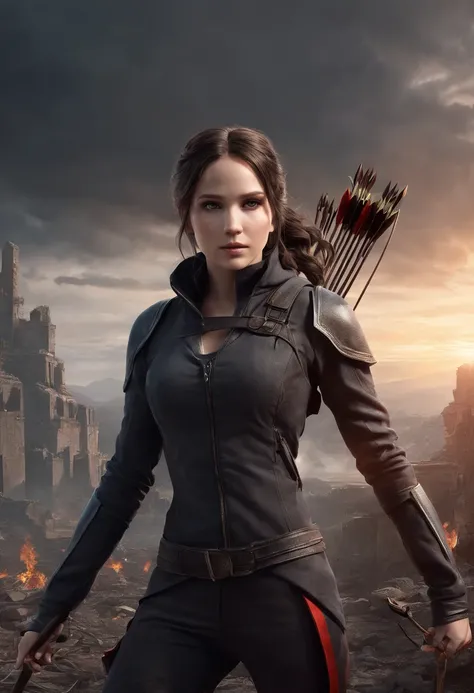 (highres,Best Quality:1.2)Portrait of Katniss Everdeen, The Girl on Fire,elegant,strong-willed,(realistic:1.37) with detailed facial features: piercing gray eyes, sharp nose, and full lips.(best quality,ultra-detailed) Long dark hair flowing down her back....