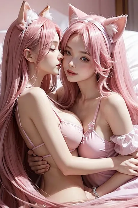 photo depicting moment of love between two mother´s and newborn baby, in bed, two 17 year old woman´s, long pink hair with cat ears, big breasts, pink bikini, with your newborn baby,long pink hair, her little baby 1 year.