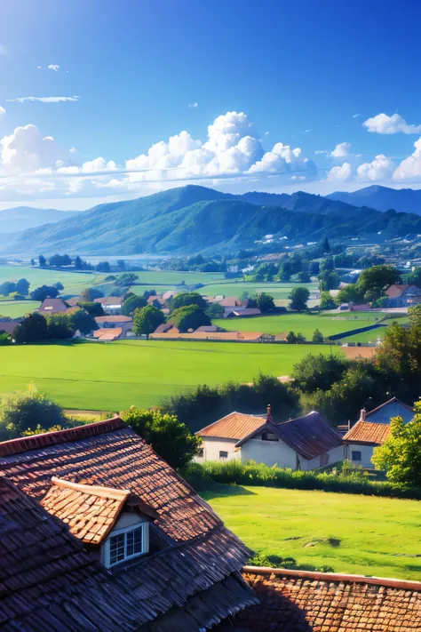 charm natural view, village, sky colors purple blue colorful,