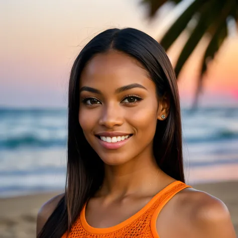 (straight most of the body: 1.4), RAW UHD portrait photo of a 35-year-old cubana, colored girl, mulatta, (green-eyed woman), dancing along the beach in sunset, palm trees, slim body, dance pose, white blouse, red short skirt, details (textures!, black long...