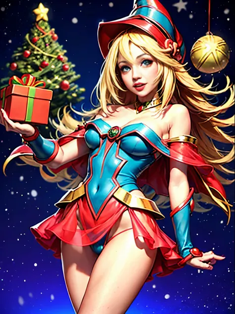 Dark magician gils con vestido rojo,((see through)), extremadamente detallado, rubio,(((Mini falda diminuta))), ((skirt lift)),(((tanga visible))),Sonriendo, ojos azules, realista, tacones rojos, (((Navidad))), escote, ((christmas tree, Regalos)), cabello ...