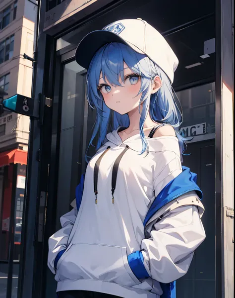 masterpiece,1girl,solo,long hair,blue hair,hoodie,off shoulder:1.2, mob cap, street,hand on hip, hand in pocket,