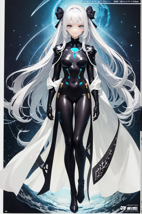 ultra-detailliert、anime illustrated、2D Beautiful Girl、top-quality、Top image quality、​masterpiece、超A high resolution、android beautiful girl、sixteen years old,Cybersuit glowing black, White energy source in the chest、black intercom、White shiny hair、She has l...