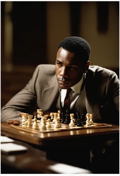 A photo of Billy Washington playing an intense game of chess in a dimly lit, atmospheric room, with a determined look on his face as he strategizes his next move.,original,In his early to mid-20s, Bills appearance mirrors his internal struggles—short, ligh...