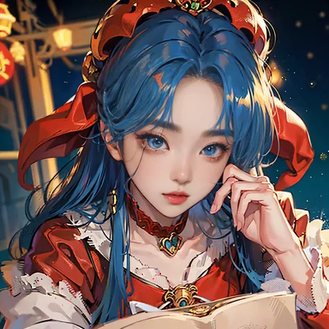 A city of beautiful Christmas lights, Santa girl in red costume of beautiful Santa Claus with blue eyes, Red Santa Skirt、Plump lips, Moles under her eyes, Heart-shaped choker, Computer Graphics Art, High resolution, Highest Quality, Whole body, 8K Characte...