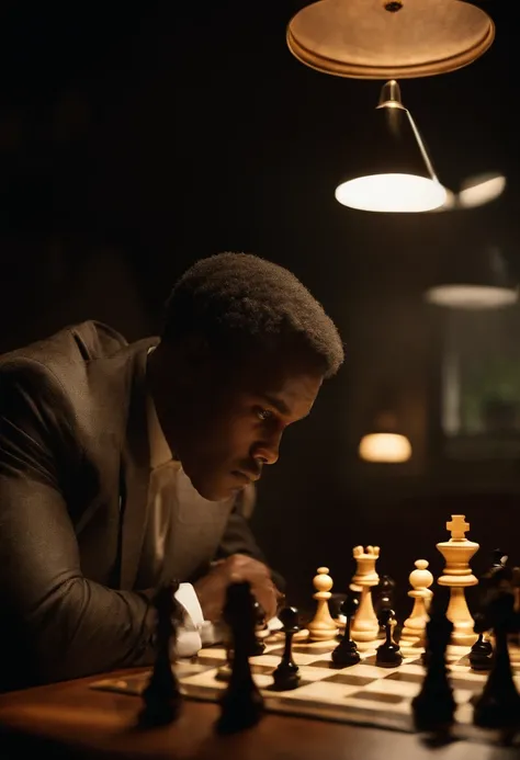 A photo of Billy Washington playing an intense game of chess in a dimly lit, atmospheric room, with a determined look on his face as he strategizes his next move.,original,In his early to mid-20s, Bills appearance mirrors his internal struggles—short, ligh...