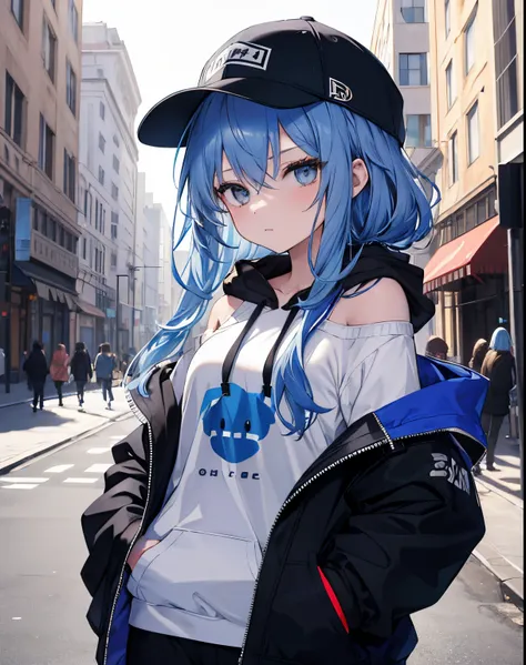 masterpiece,1girl,solo,long hair,blue hair,hoodie,off shoulder:1.2, mob cap, street,hand on hip, hand in pocket,