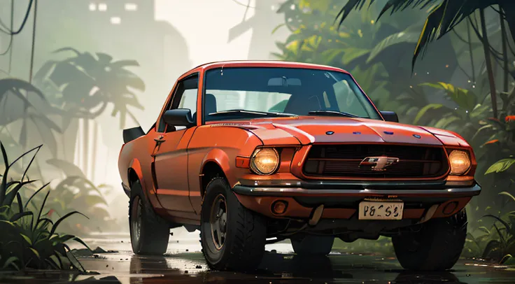 a rusty old red mustang car in jungle, rainy day, harsh light, dark environment,  rusted car parts scattered on the ground, a chain, a gun, a dark and oppressive atmosphere, and a dramatic ambient light. spot  warm light on car , dark plants dark plants su...