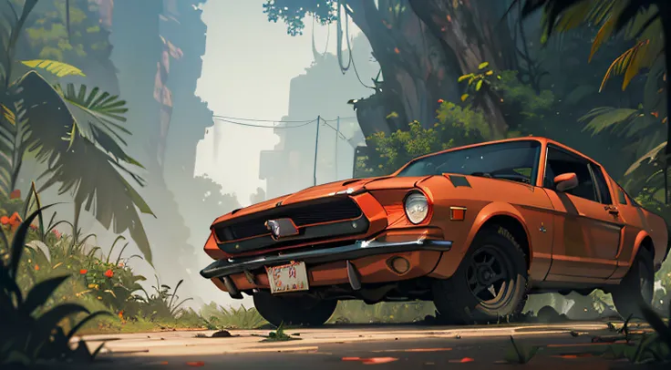 a rusty old red mustang car in jungle, rainy day, harsh light, dark environment,  rusted car parts scattered on the ground, a chain, a gun, a dark and oppressive atmosphere, and a dramatic ambient light. spot  warm light on car , dark plants dark plants su...