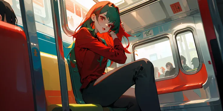 (masterpiece, best quality),1girl sitting on a subway train, looking to the side, subway car door, from below, solo focus, leather jacker, red shirt, long green hair, red lips, black makeup