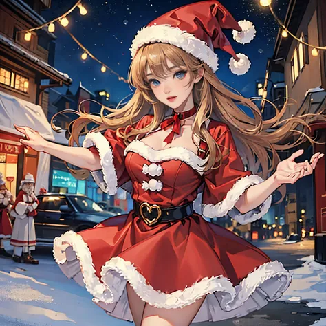 A city of beautiful Christmas lights, Santa girl in red costume of beautiful Santa Claus with blue eyes, Red Santa Skirt、Plump lips, Moles under her eyes, Heart-shaped choker, Computer Graphics Art, High resolution, Highest Quality, Whole body, 8K Characte...