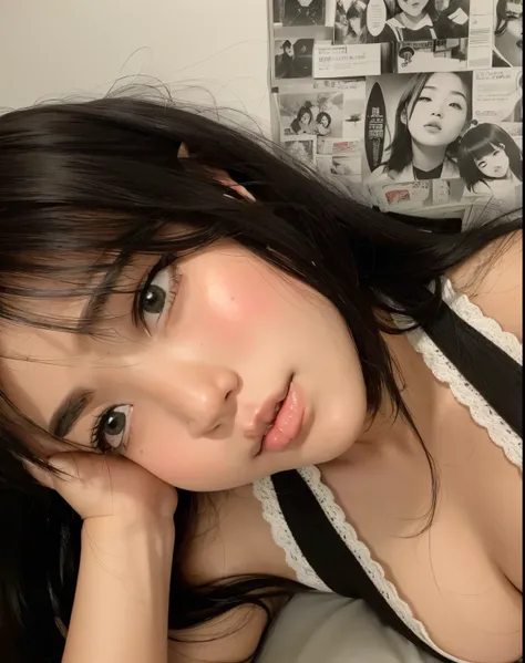 hay una mujer acostada en una cama con una foto en blanco y negro, Ella tiene el pelo negro con flequillo, ulzzang, Chica coreana, con flequillo, 🤤 girl portrait, pale fair skin!!, whitebangsblackhair, chica linda-fina-cara, with cute doting eyes, Flequill...