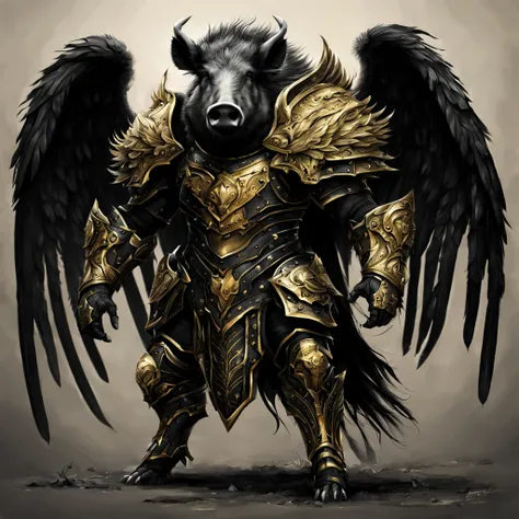 Wild Boar with jet black fur and black and gold armor, fallen angel, Masterpiece, Best Quality, in pencil art style