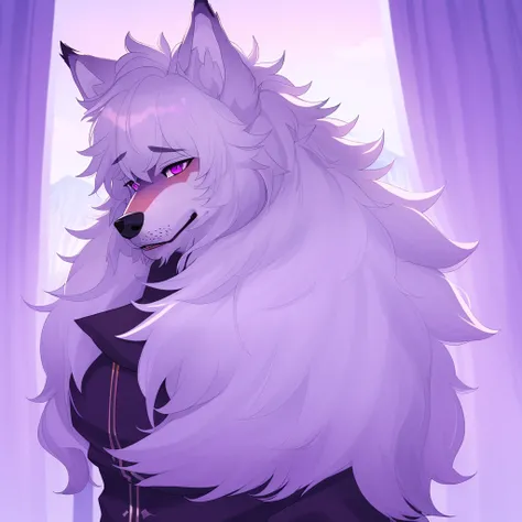 Masterpiece,  best quality, Wolf_male, detailed_fluffy_fur, uploaded_to_e621, antro, furry_male, Masterpiece, Best_quality, solo, (Antro), kemono art style, sfw, White fur, Purple Fur, Purple eyes,