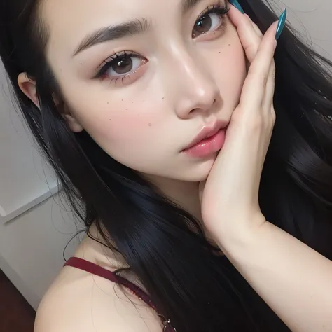 un primer plano de una mujer con cabello largo y negro y un vestido rojo, dilraba dilmurat, chica linda-fina-cara, Beautiful aesthetic face, ulzzang, 19 year old girl, 1 8 yo, young cute wan asian face, 18 years old, Labios claros y de alta calidad, linda-...