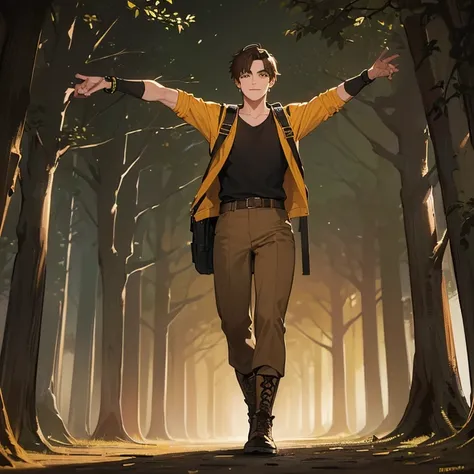 ((1 boy, brown hair, brown pants, no shirt, a bracelet on his arms, a backpack on his back, with a boot, with a belt with a sword)),((muscle, standing, walking)),(( yellow eyes, happy face)),((in the haunted forest at night)),