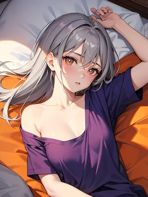 masterpiece, best quality, 1 girl, gray hair, orange eyes, purple t shirt, lying in bed, lazy, (from above)