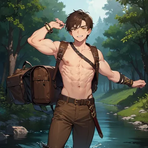 ((1 boy, brown hair, brown pants, no shirt, a bracelet on his arms, a backpack on his back, with a boot, a belt with a sword)), ((muscle, killing a monster in a river)), ((yellow eyes, happy face)),((in the haunted forest at night)),