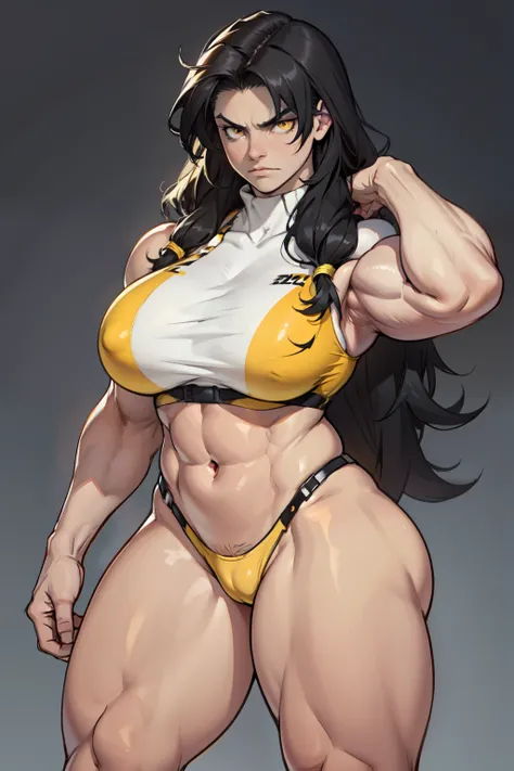 ((1girl)) huge breasts pale skin (muscular) toned body thick thighs black hair yellow eyes (long hair grey background) bodybuilder frowning